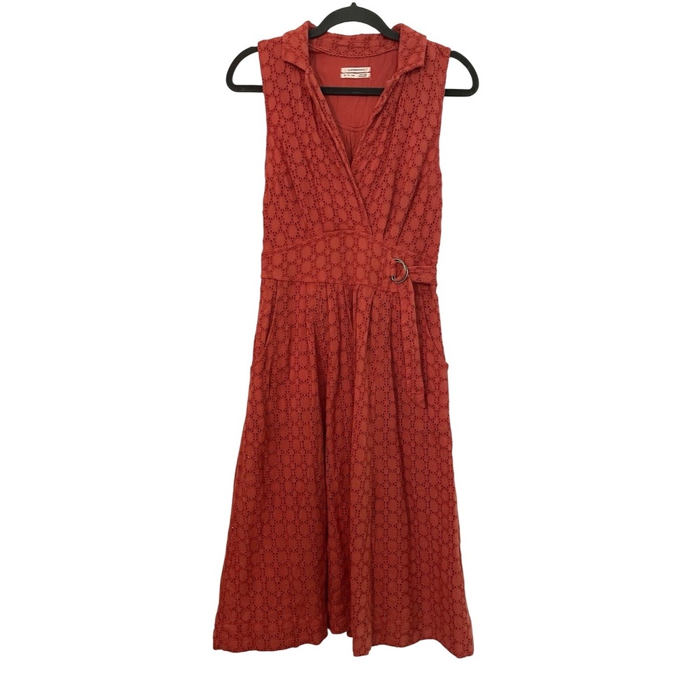 Anthropologie Burnt Coral Orange Eyelet Flattering Summer Midi Dress Sz 4 Pocket